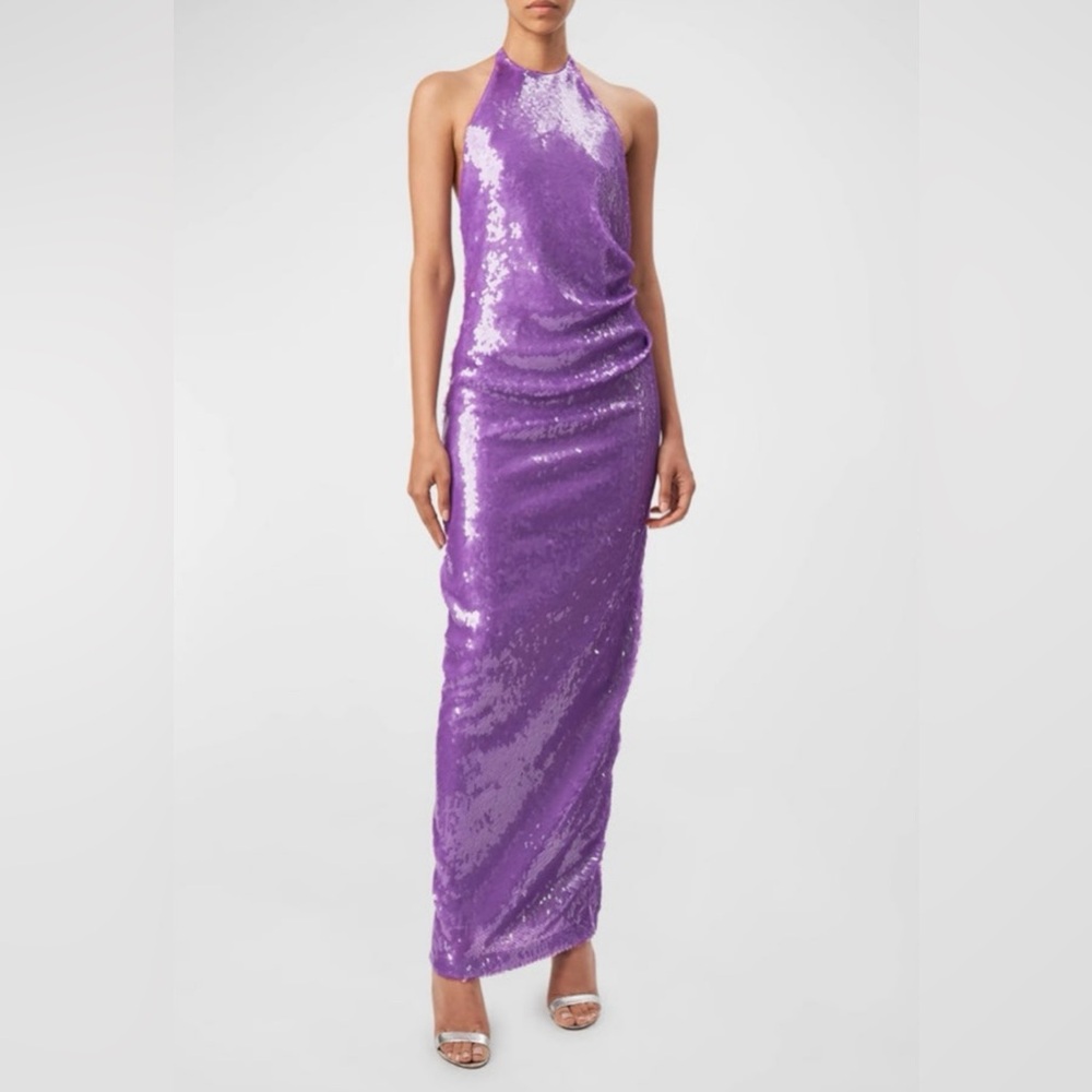 NWT Ronny Kobo Purple Sequin Halter Backless Gown Size S - Picture 3 of 11